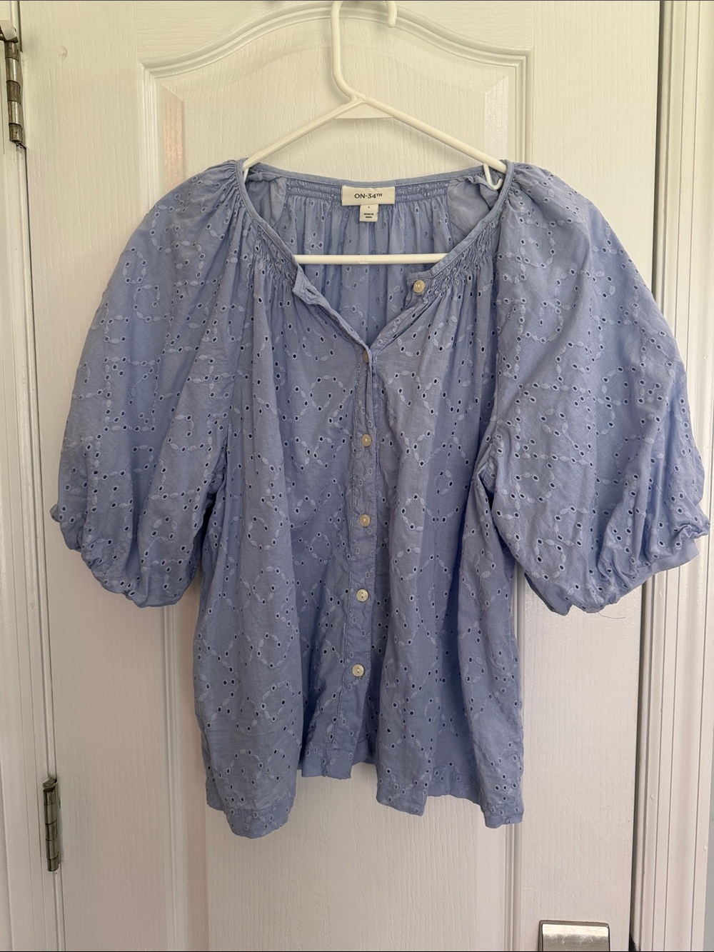 ON 34th Light Blue Eyelet Puff-Sleeve Button Blouse